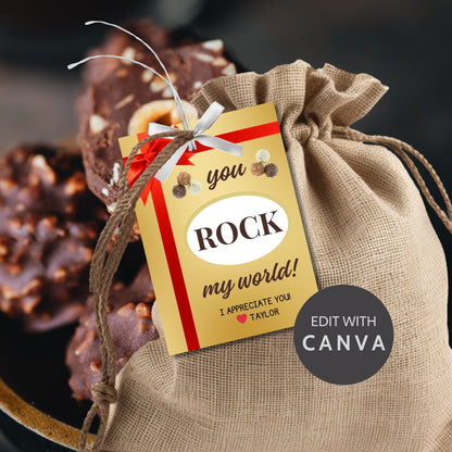 Elegant gold You ROCK my world! gift tags with red ribbon graphic, ready for a special touch with editable name feature.