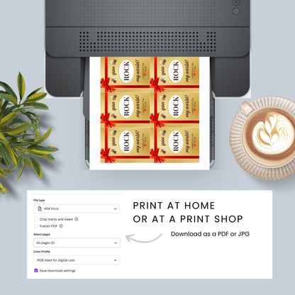 Elegant gold You ROCK my world! gift tags with red ribbon graphic, ready for a special touch with editable name feature.