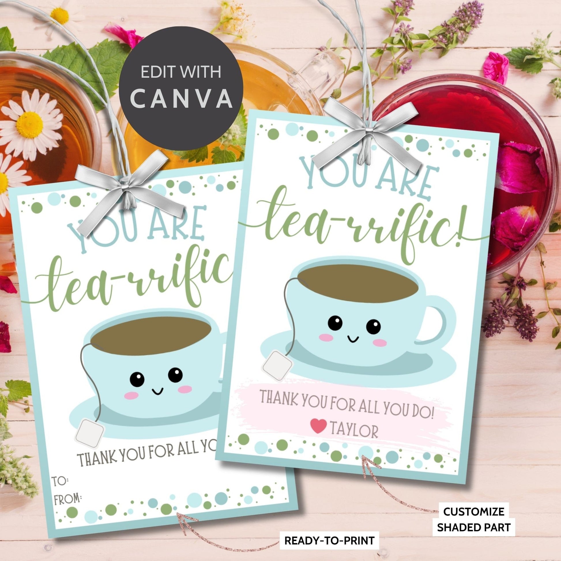 Cheerful You are tea-rrific! gift tags with cute cup illustrations, editable names, in soft blue and green, ideal for showing gratitude.