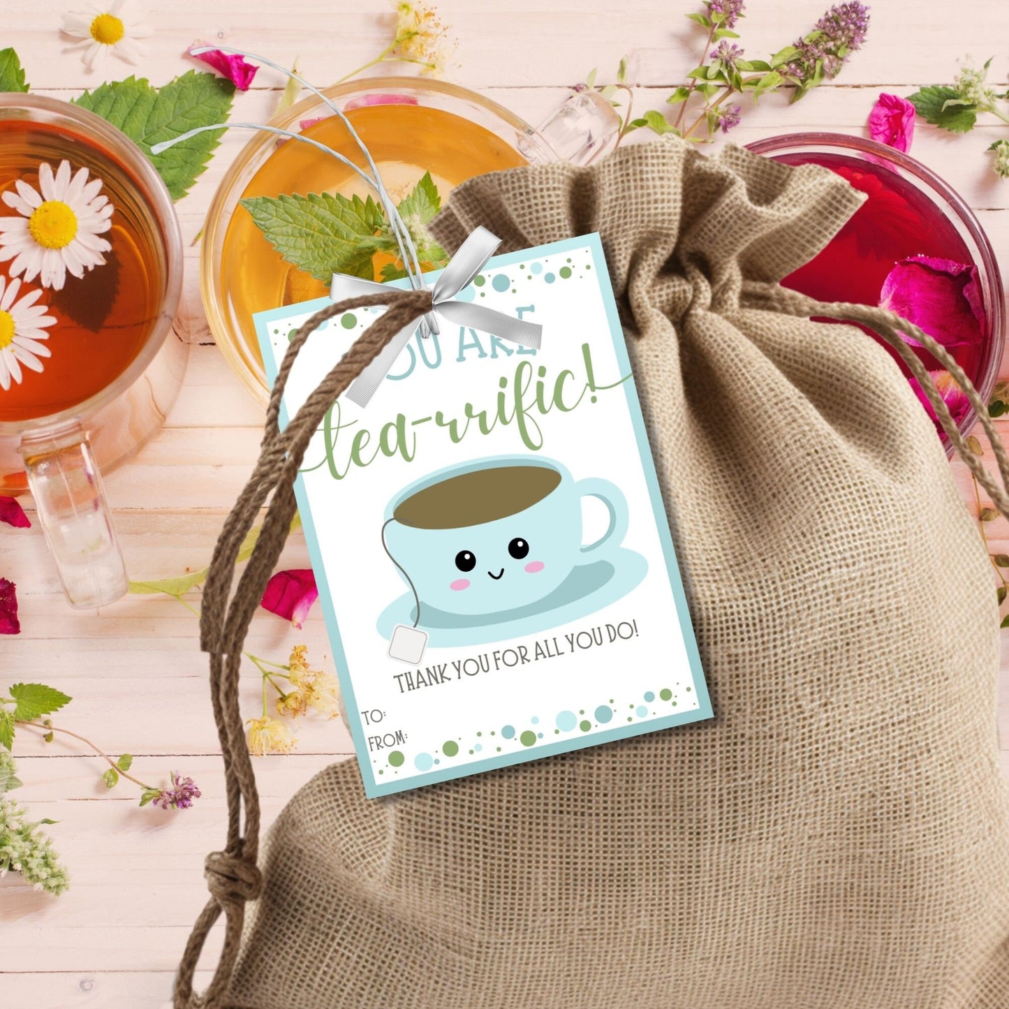 Cheerful You are tea-rrific! gift tags with cute cup illustrations, editable names, in soft blue and green, ideal for showing gratitude.