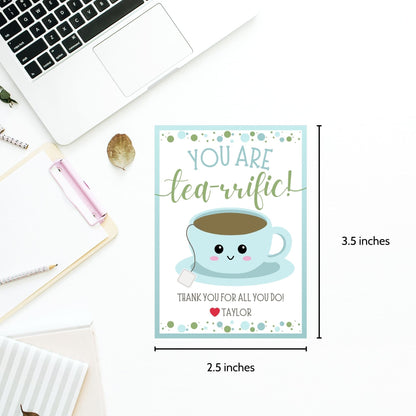 Cheerful You are tea-rrific! gift tags with cute cup illustrations, editable names, in soft blue and green, ideal for showing gratitude.