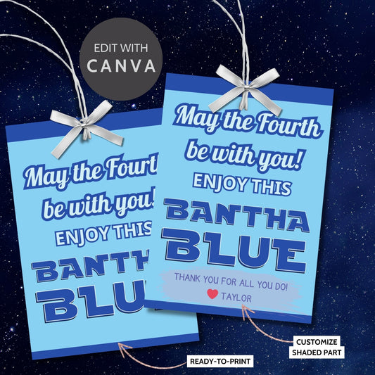 Digital gift tags featuring Bantha Blue greetings in blue hues with space theme.