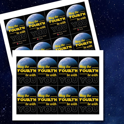 Starry space background with a vibrant Earth-like planet, featuring May the FOURTH be with YOU text for printing customizable gift tags.