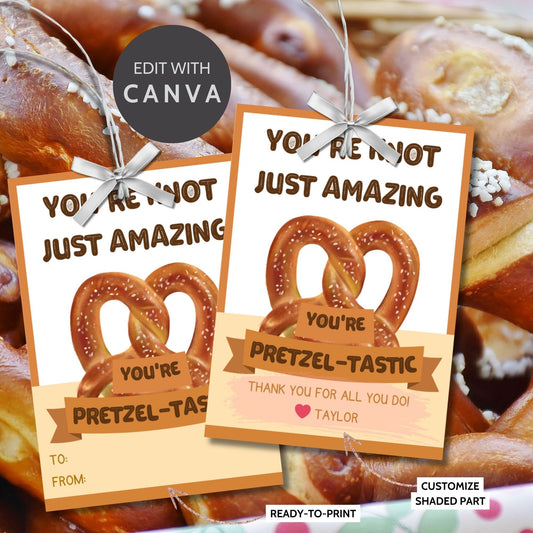 Whimsical You&#39;re knot just amazing you&#39;re pretzel-tastic! pretzel-themed gift tags, editable in Canva for a heartfelt thank-you snack.