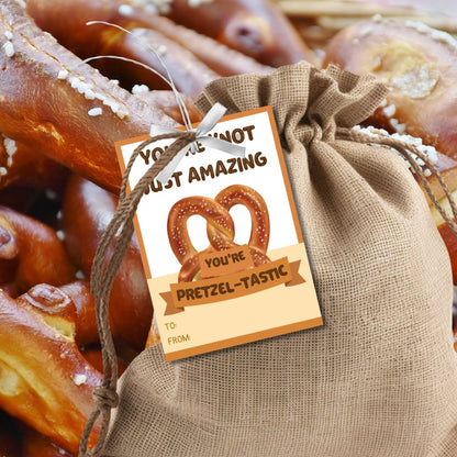 Whimsical You&#39;re knot just amazing you&#39;re pretzel-tastic! pretzel-themed gift tags, editable in Canva for a heartfelt thank-you snack.