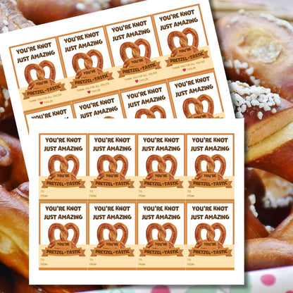 Whimsical You&#39;re knot just amazing you&#39;re pretzel-tastic! pretzel-themed gift tags, editable in Canva for a heartfelt thank-you snack.