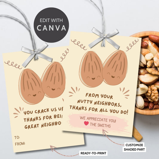 Eight playful gift tags with smiling almond illustrations and pun-filled neighborly appreciation messages, ready to print or customize online.