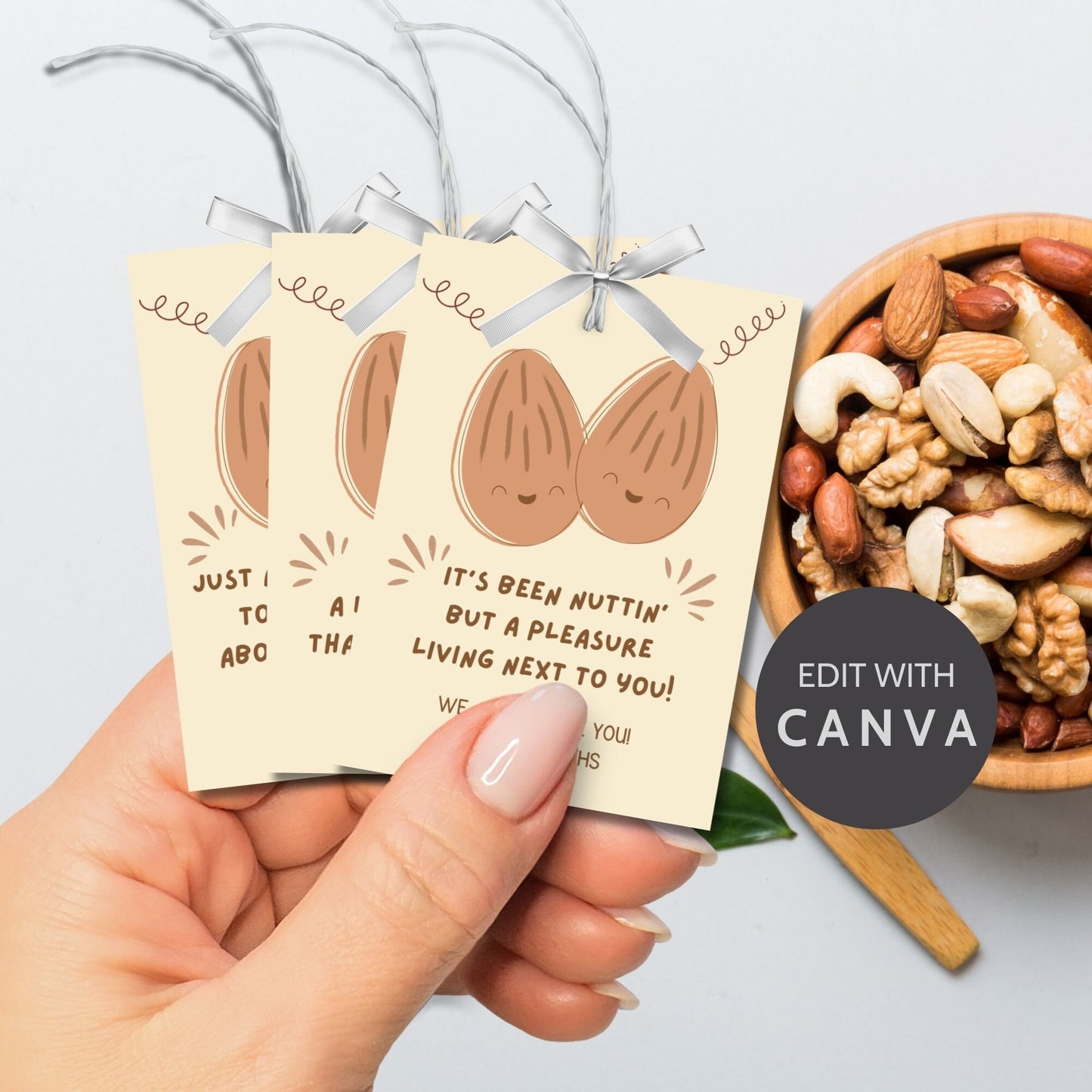 Eight playful gift tags with smiling almond illustrations and pun-filled neighborly appreciation messages, ready to print or customize online.