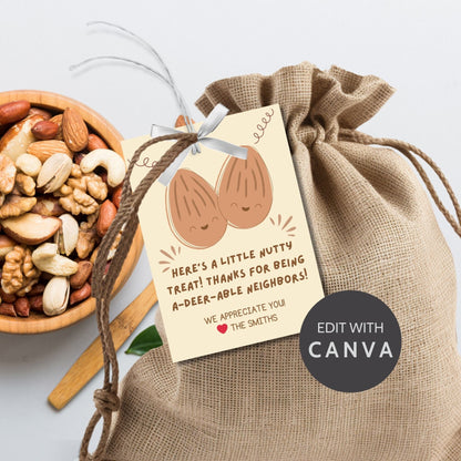 Eight playful gift tags with smiling almond illustrations and pun-filled neighborly appreciation messages, ready to print or customize online.