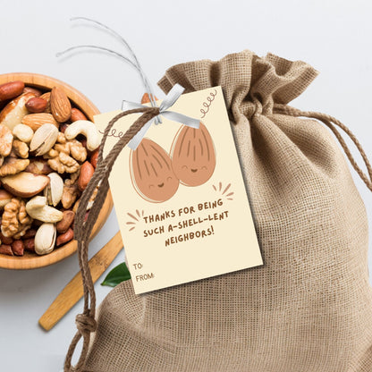 Eight playful gift tags with smiling almond illustrations and pun-filled neighborly appreciation messages, ready to print or customize online.