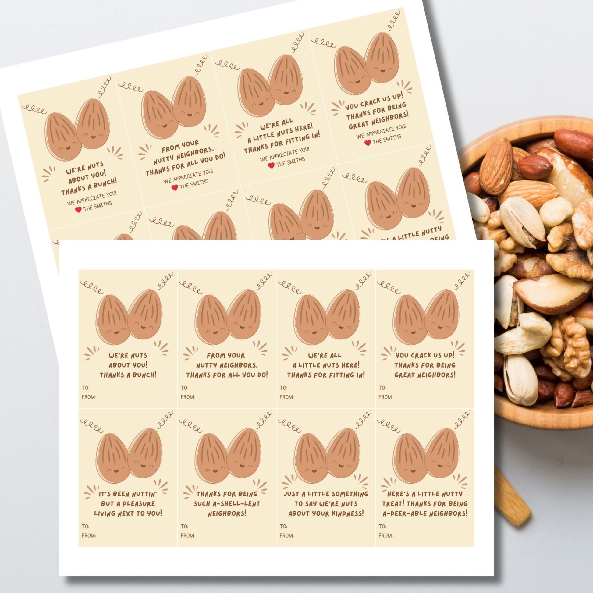 Eight playful gift tags with smiling almond illustrations and pun-filled neighborly appreciation messages, ready to print or customize online.