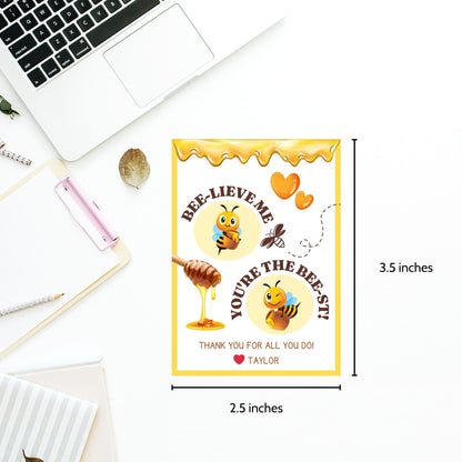 Bee-themed BEE-LIEVE ME, YOURE THE BEST! gift tags with honey dipper, ready for customizing in Canva, perfect for sweet tokens.