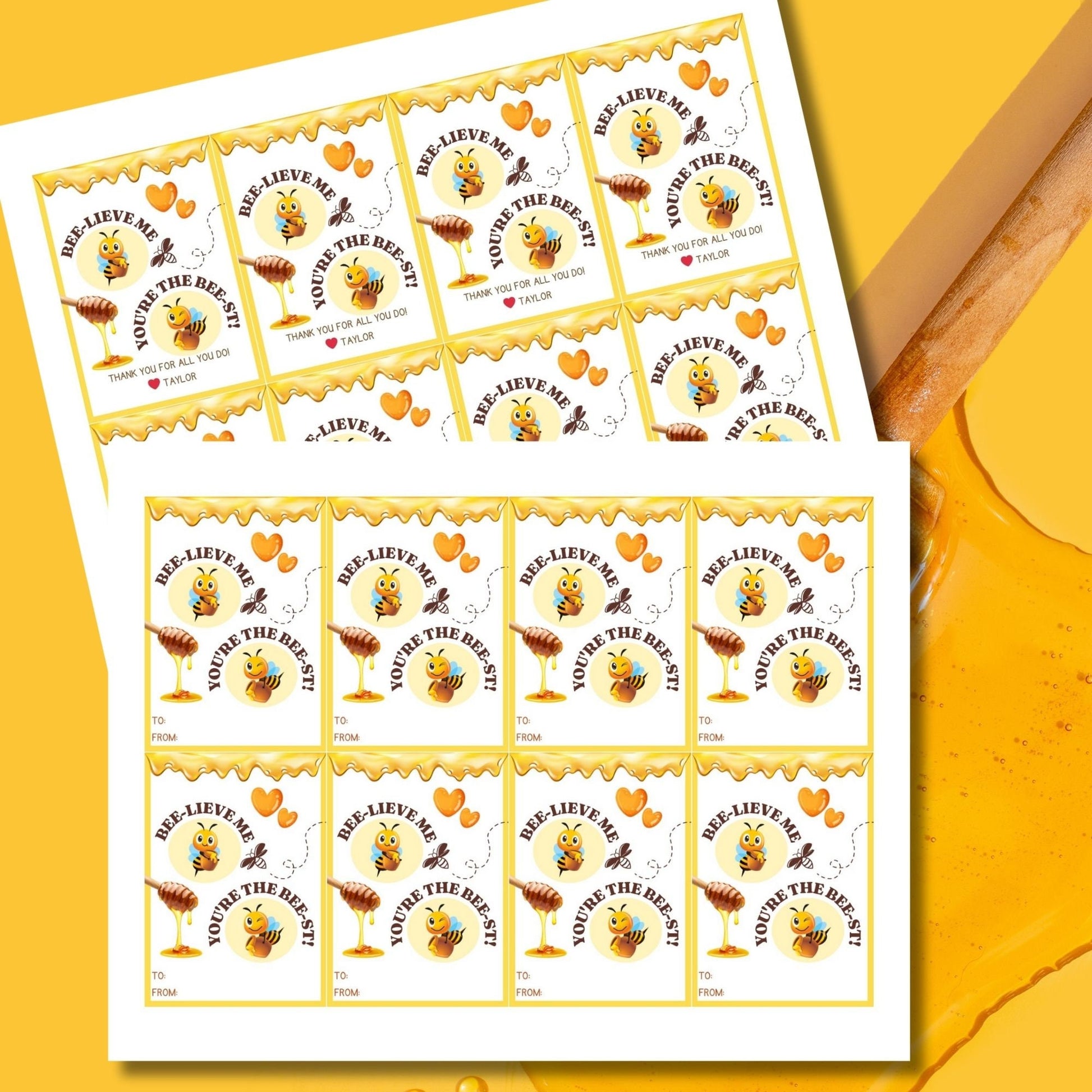 Bee-themed BEE-LIEVE ME, YOURE THE BEST! gift tags with honey dipper, ready for customizing in Canva, perfect for sweet tokens.