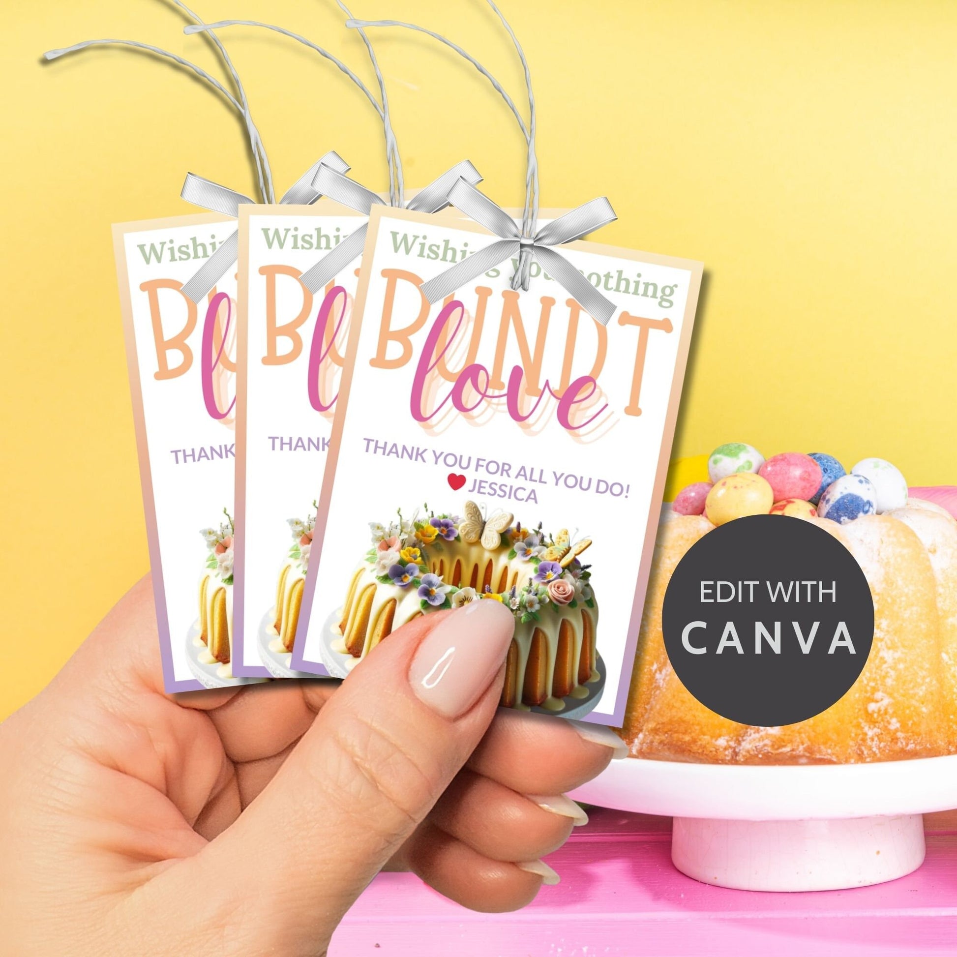 Charming Wishing You Nothing BUNDT Love cake-themed gift tags, with a Canva link for customization, perfect for heartfelt gifting.