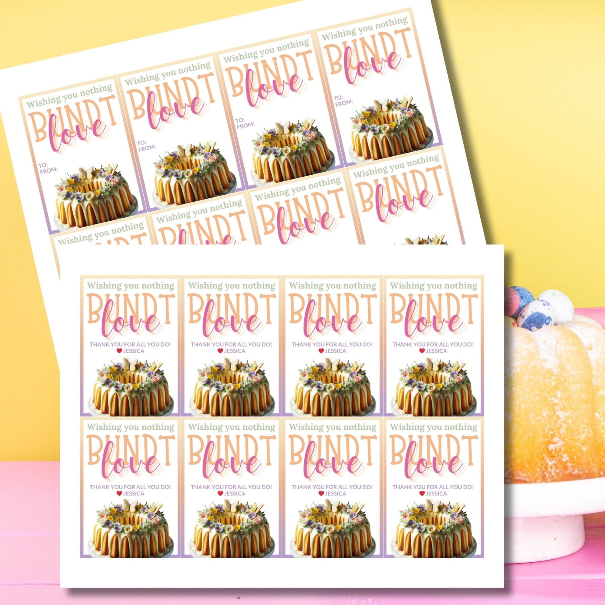 Charming Wishing You Nothing BUNDT Love cake-themed gift tags, with a Canva link for customization, perfect for heartfelt gifting.