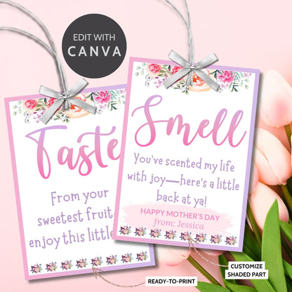 A vibrant set of Mother&#39;s Day gift tags for the five senses with floral designs and space for personalization, conveying love and appreciation