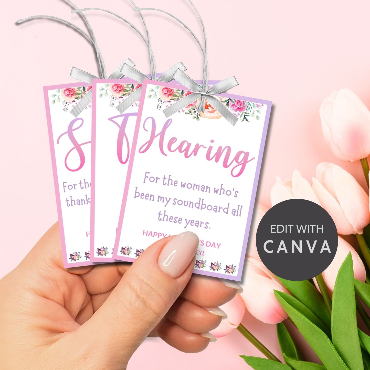 A vibrant set of Mother&#39;s Day gift tags for the five senses with floral designs and space for personalization, conveying love and appreciation