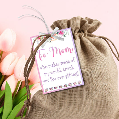 A vibrant set of Mother&#39;s Day gift tags for the five senses with floral designs and space for personalization, conveying love and appreciation