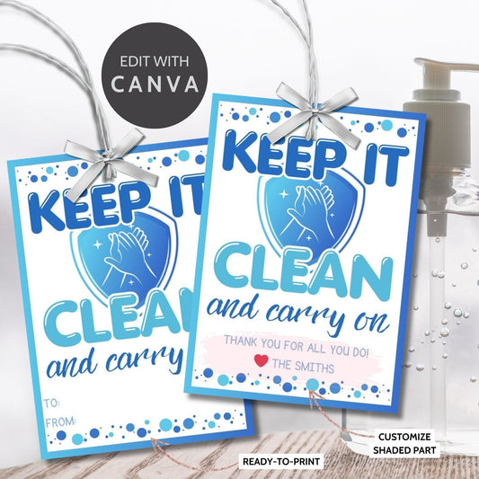 Hand Sanitizer Gift Tag that say Keep It Clean and Carry On