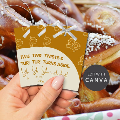 Twists & Turns Aside Youre the Best pretzel-themed gift tags, editable in Canva for a heartfelt thank-you snack.