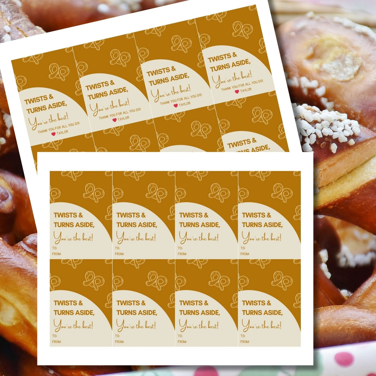 Twists & Turns Aside Youre the Best pretzel-themed gift tags, editable in Canva for a heartfelt thank-you snack.