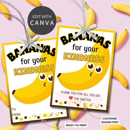 Cheerful Bananas for Your Kindness yellow banana gift tags with editable names on Canva, perfect for showing heartfelt gratitude.