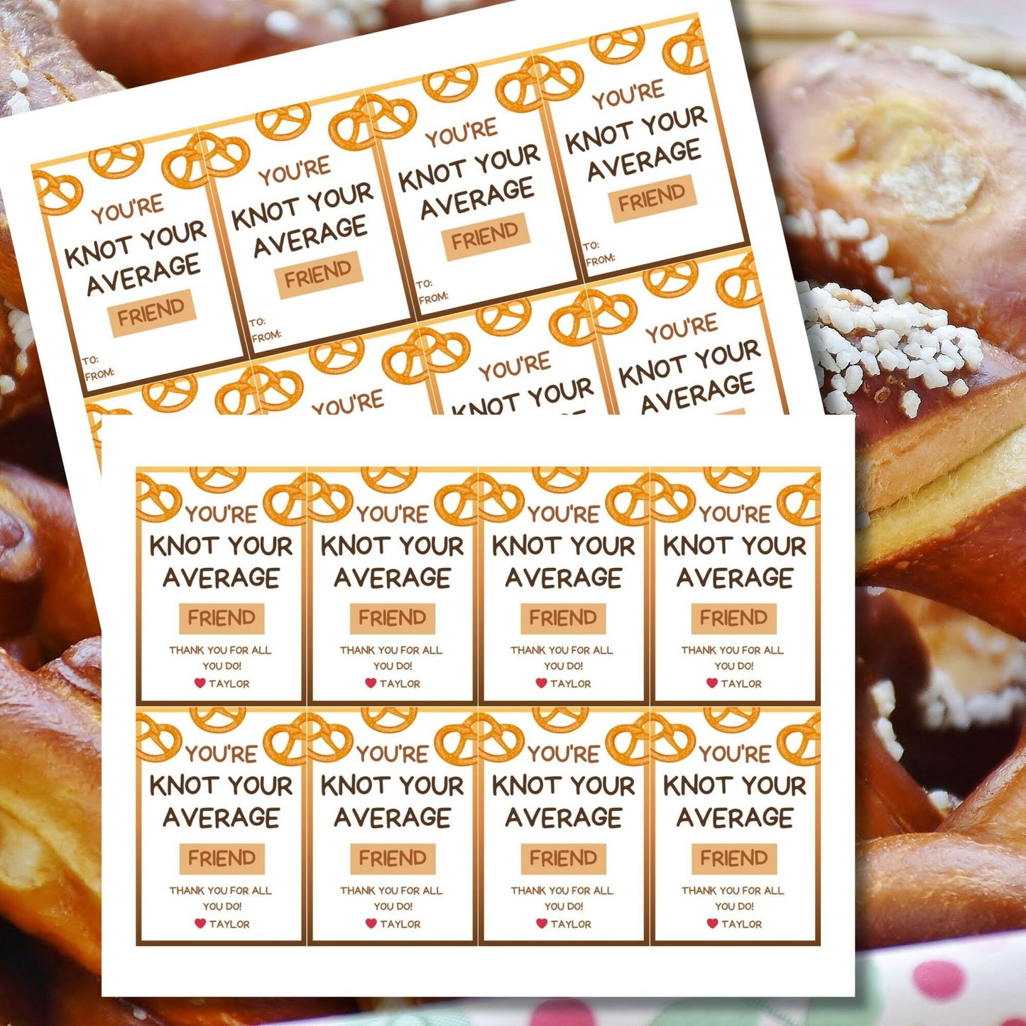 Youre Knot Your Average Friend pretzel-themed gift tags, editable in Canva for a heartfelt thank-you snack.