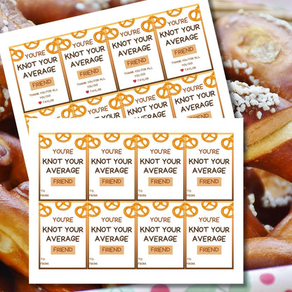 Youre Knot Your Average Friend pretzel-themed gift tags, editable in Canva for a heartfelt thank-you snack.