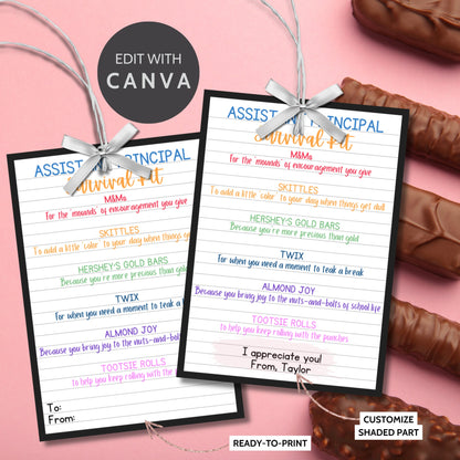 Assistant Principal Appreciation Gift Tag | Candy Chocolate Survival Kit Staff Educator Teacher Coach Thank You | Teacher Appreciation Week