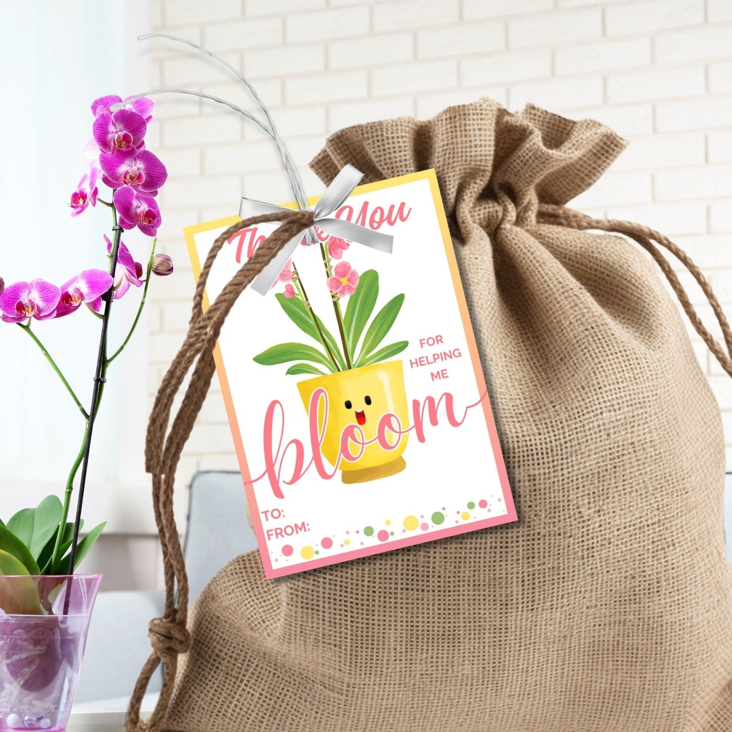 Vibrant Thank You for Helping Me Bloom gift tags featuring cheerful pot and orchid design with editable name option on Canva, ideal for showing gratitude.