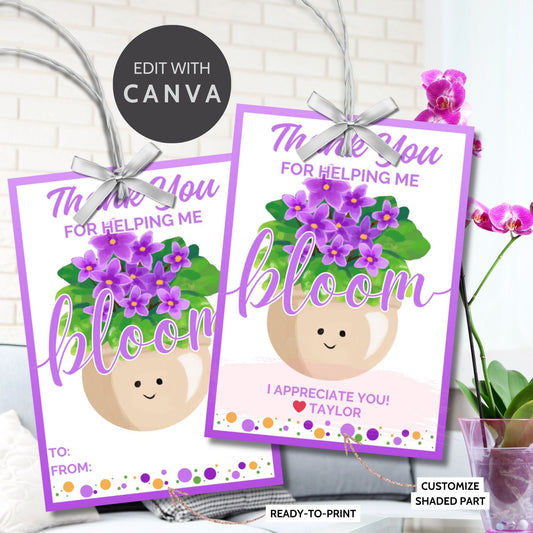 Vibrant Thank You for Helping Me Bloom gift tags featuring cheerful pot and violet flower design with editable name option on Canva, ideal for showing gratitude.