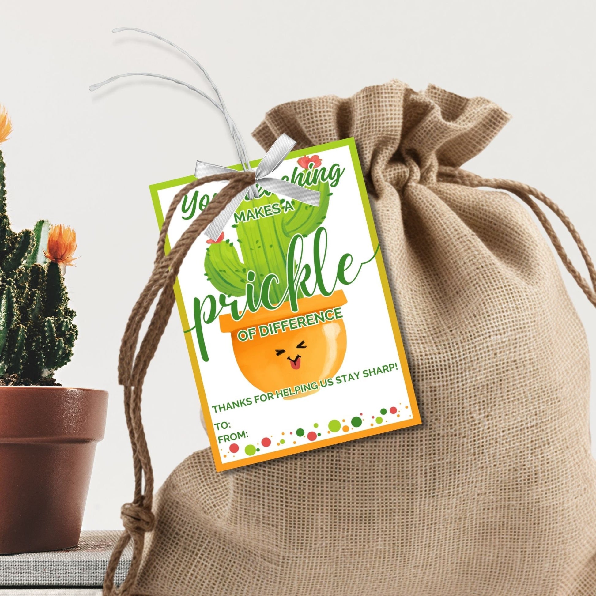 Joyful Your Teaching Makes a Prickle of Difference cactus-themed gift tags, editable for personalization on Canva, ideal for celebrating dedicated teachers.