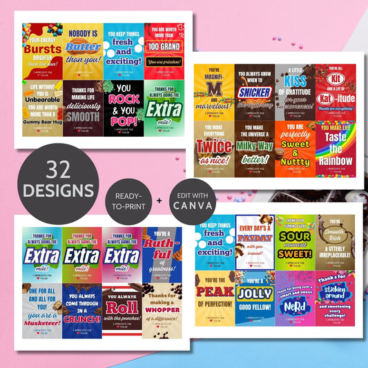 32 Printable and editable snack and candy treat tags for employees. Features appreciation messages, customizable text, and a ready-to-print PDF format.