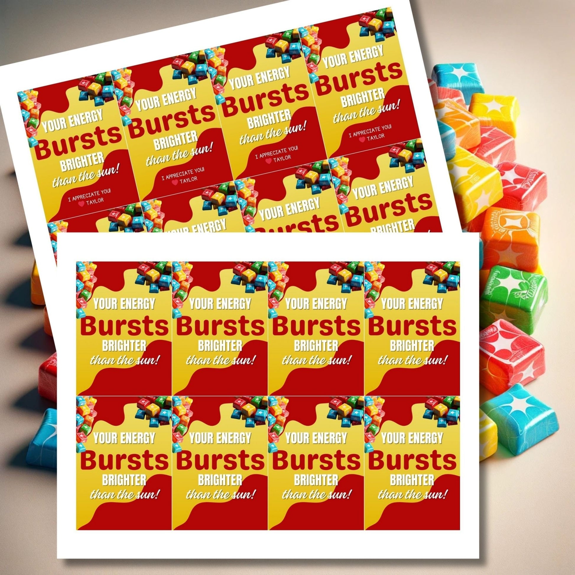 Colorful Your Energy Bursts Brighter than the Sun! candy-themed appreciation tags, customizable for names on Canva, ideal for gifting to uplifting individuals.