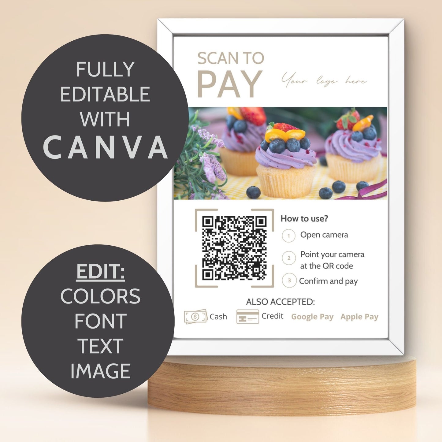 An elegant 5x7 payment instruction sign featuring a QR code, instructions on how to scan it, and accepted payment methods including cash, credit, Google Pay, and Apple Pay, embellished with a backdrop of vibrant cupcakes.