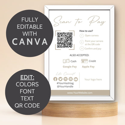 An elegant 5x7 payment instruction sign featuring a QR code, instructions on how to scan it, and accepted payment methods including cash, credit, Google Pay, and Apple Pay.