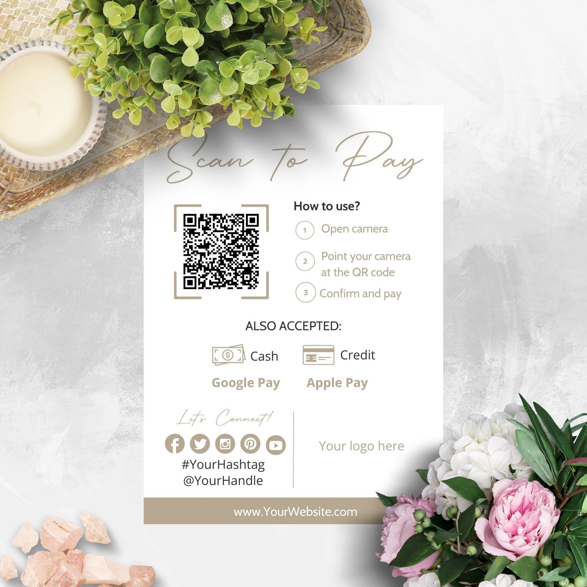 An elegant 5x7 payment instruction sign featuring a QR code, instructions on how to scan it, and accepted payment methods including cash, credit, Google Pay, and Apple Pay.