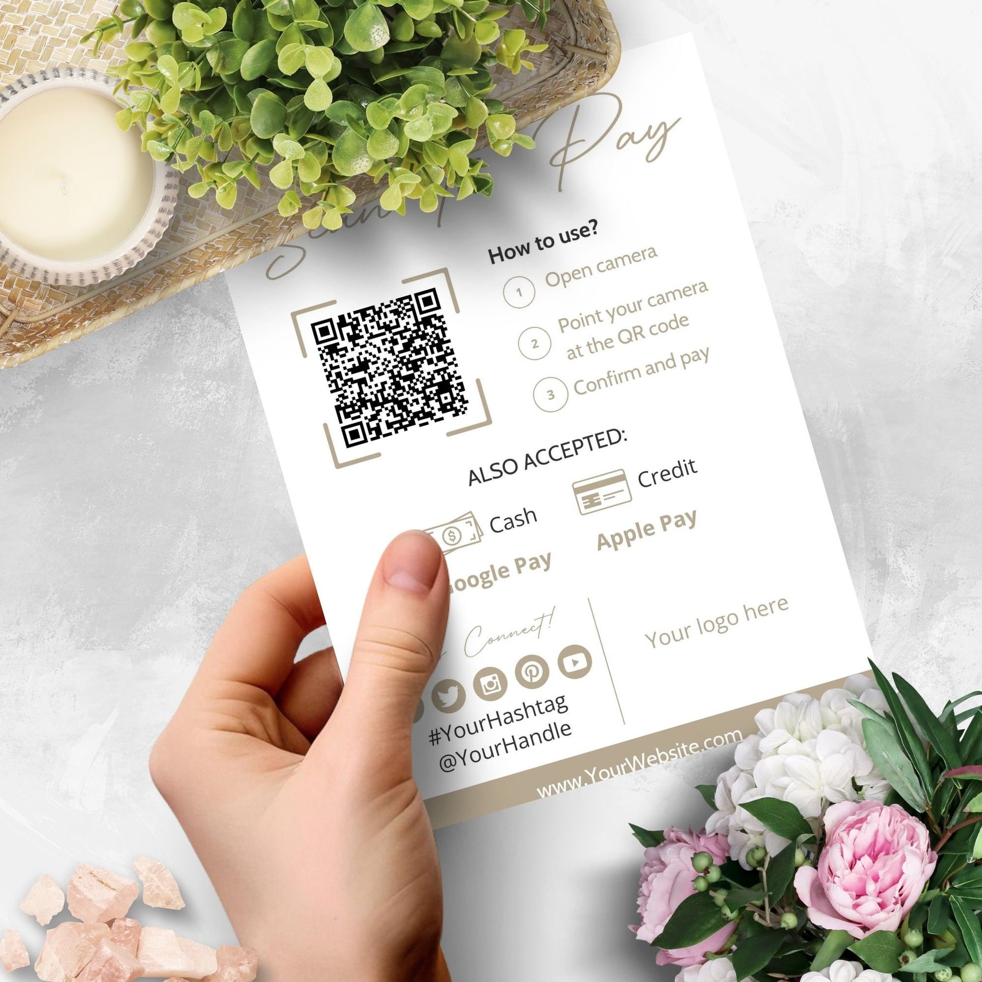 An elegant 5x7 payment instruction sign featuring a QR code, instructions on how to scan it, and accepted payment methods including cash, credit, Google Pay, and Apple Pay.