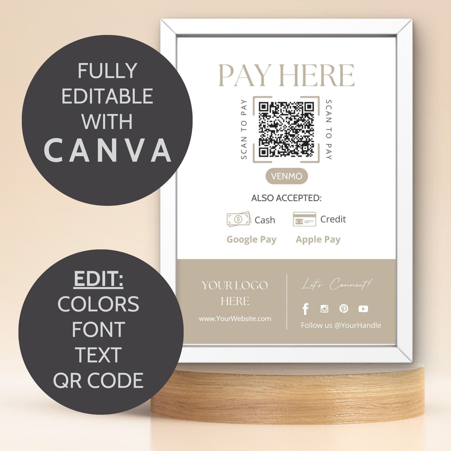 An elegant 5x7 payment instruction sign featuring a QR code, instructions on how to scan it, and accepted payment methods including cash, credit, Google Pay, and Apple Pay.