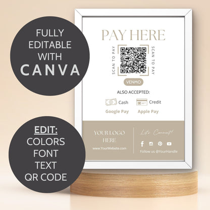 An elegant 5x7 payment instruction sign featuring a QR code, instructions on how to scan it, and accepted payment methods including cash, credit, Google Pay, and Apple Pay.