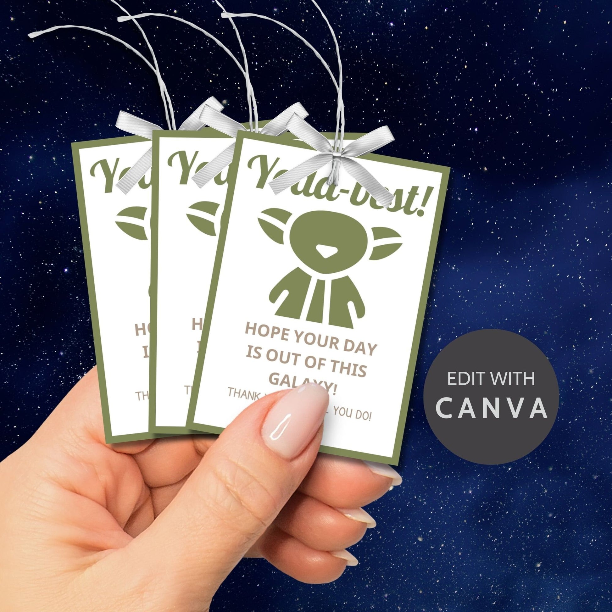 Star Wars-themed gift tags with Yoda-best! Hope Your Day Is Out Of This Galaxy! in green tones, designed to make any recipient feel stellar.