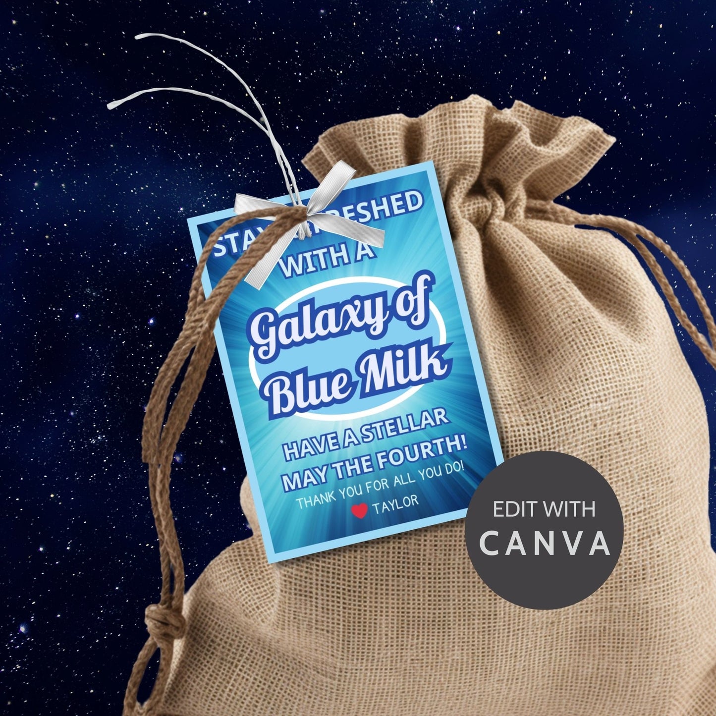 Star Wars-themed gift tags for May the Fourth with blue swirling design background and white text Stay Refreshed with a Galaxy of Blue Milk for a stellar celebration.