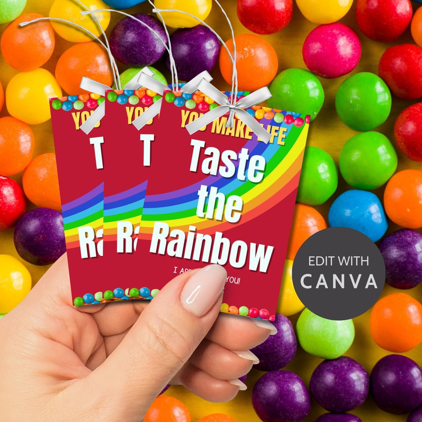 Vibrant gift tags with a colorful rainbow and decorative beads, reading You Make Life Taste the Rainbow. Ideal for appreciating staff with a burst of color.