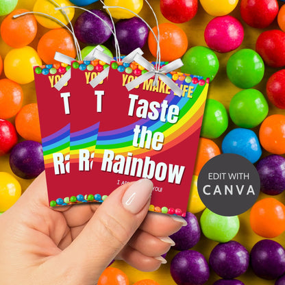 Vibrant gift tags with a colorful rainbow and decorative beads, reading You Make Life Taste the Rainbow. Ideal for appreciating staff with a burst of color.