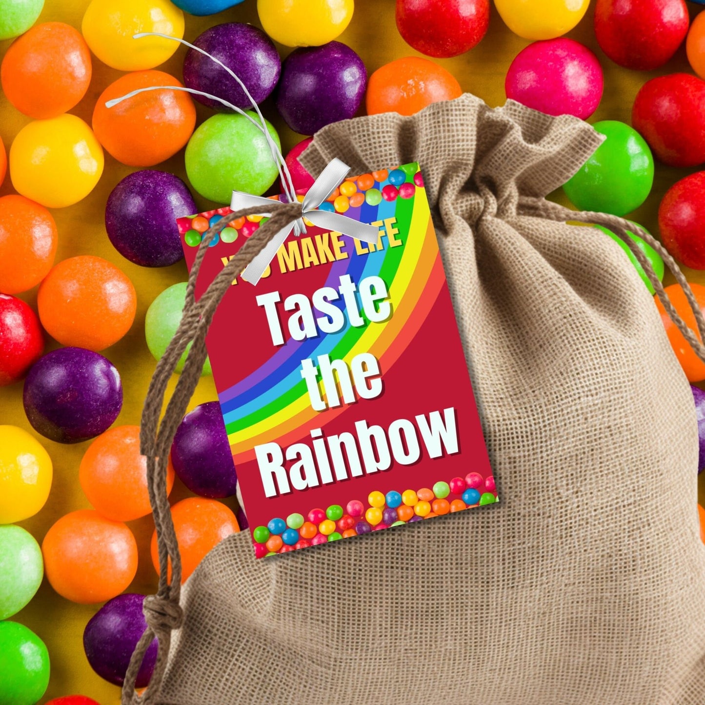 Vibrant gift tags with a colorful rainbow and decorative beads, reading You Make Life Taste the Rainbow. Ideal for appreciating staff with a burst of color.