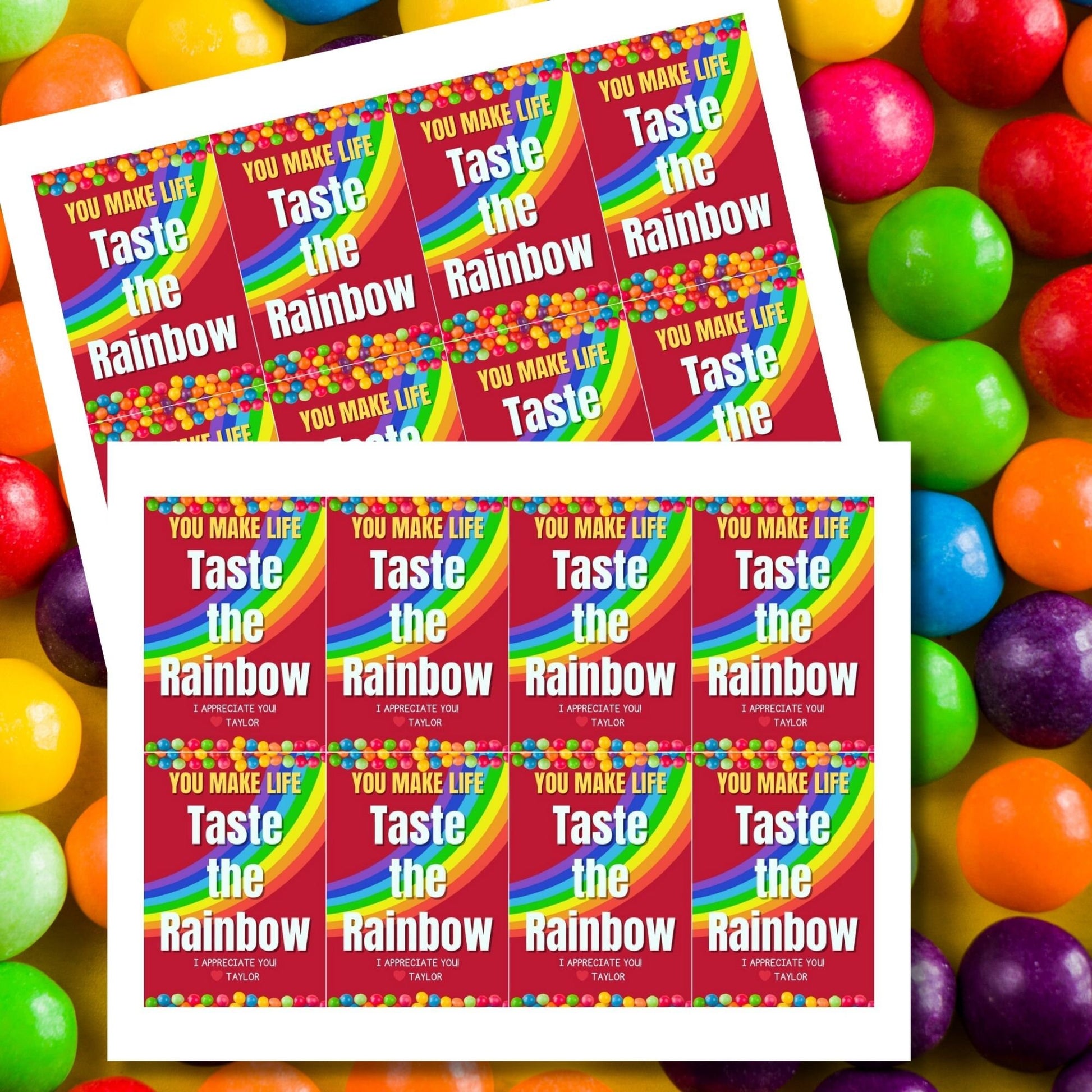 Vibrant gift tags with a colorful rainbow and decorative beads, reading You Make Life Taste the Rainbow. Ideal for appreciating staff with a burst of color.