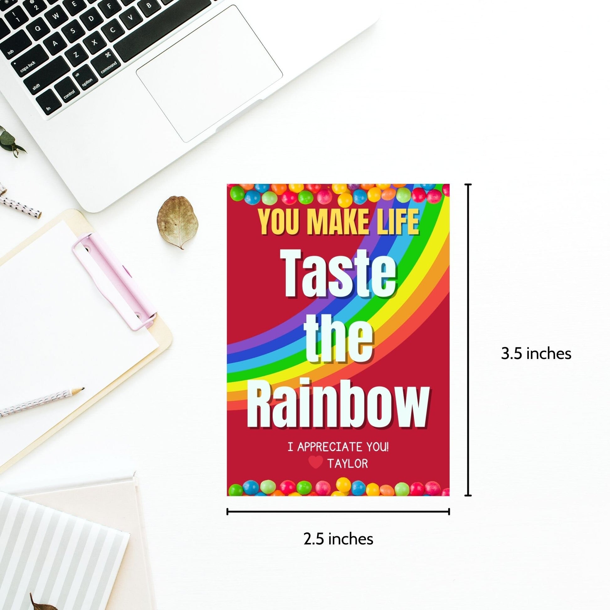 Vibrant gift tags with a colorful rainbow and decorative beads, reading You Make Life Taste the Rainbow. Ideal for appreciating staff with a burst of color.