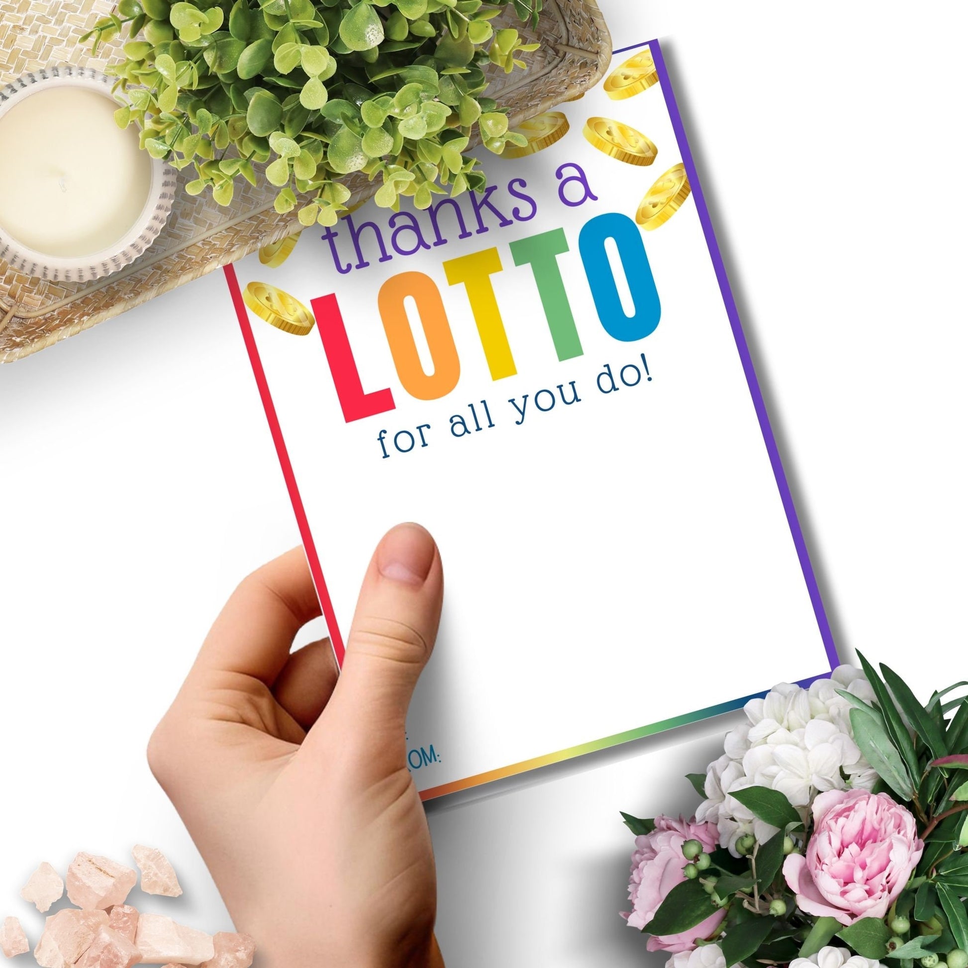 Printable &#39;Thanks a LOTTO&#39; gift card holders with gold coins decoration, space for personal notes, and a pun on gratitude, designed to hold lottery tickets.