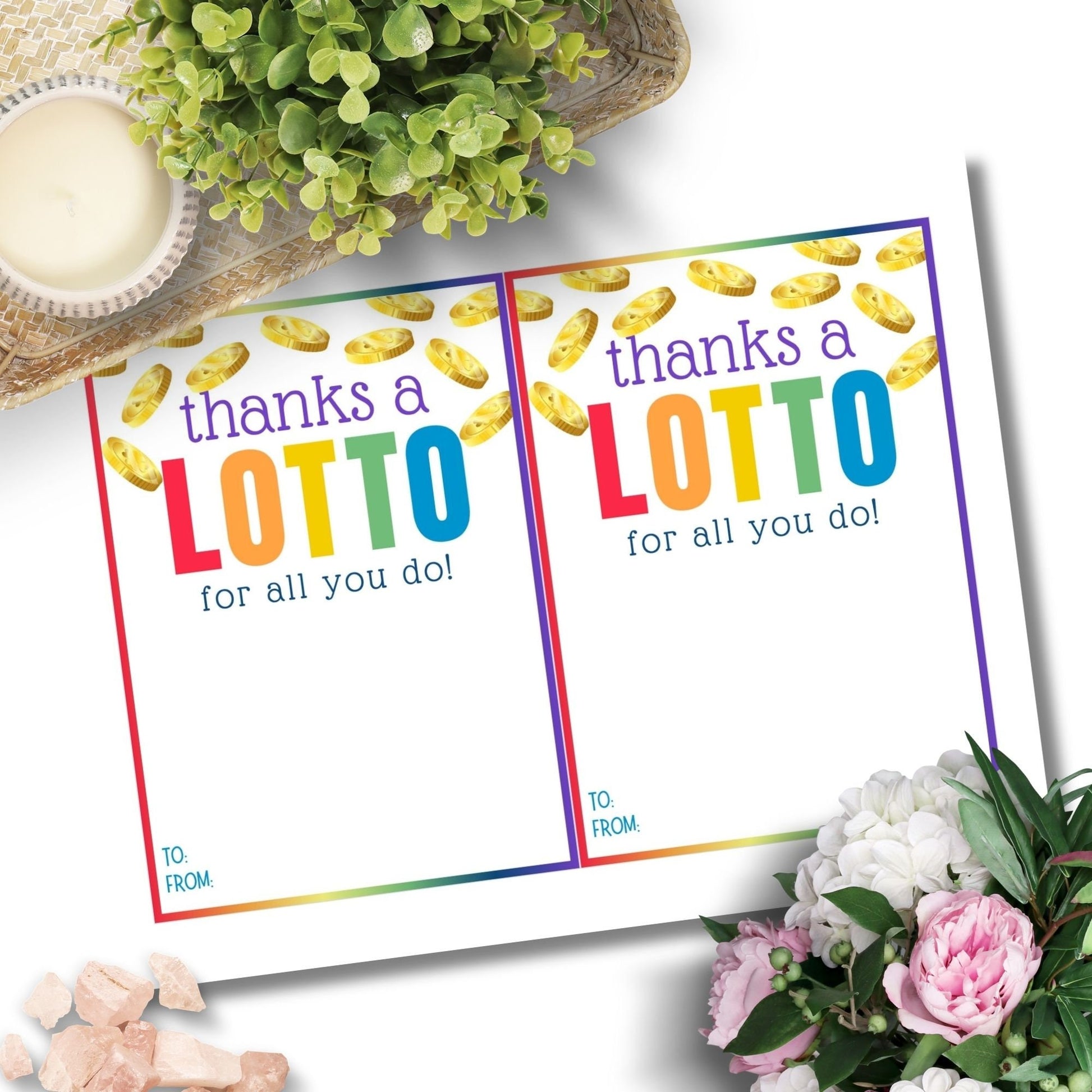 Printable &#39;Thanks a LOTTO&#39; gift card holders with gold coins decoration, space for personal notes, and a pun on gratitude, designed to hold lottery tickets.