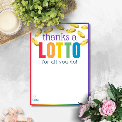 Printable &#39;Thanks a LOTTO&#39; gift card holders with gold coins decoration, space for personal notes, and a pun on gratitude, designed to hold lottery tickets.